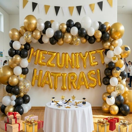 Mezuniyet Temalı Mezuniyet Hatırası Gold Folyo Harf Beyaz Siyah Gold Balon Süsleme