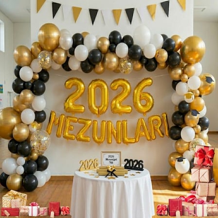 2026 Mezunları Gold Folyo Harf Beyaz Siyah Gold Balon Mezuniyet Temalı Süsleme