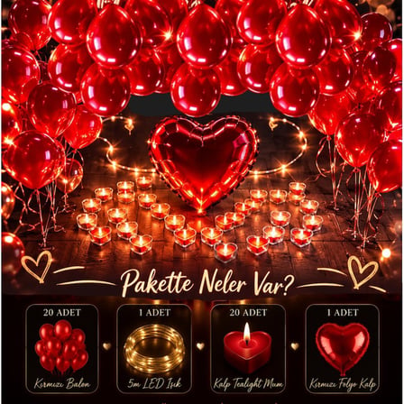 Tutku Seti Kırmızı Balonlar Kırmızı Folyo Kalp Tealight Kırmızı Kalp Mum Yetişkin Süsleme