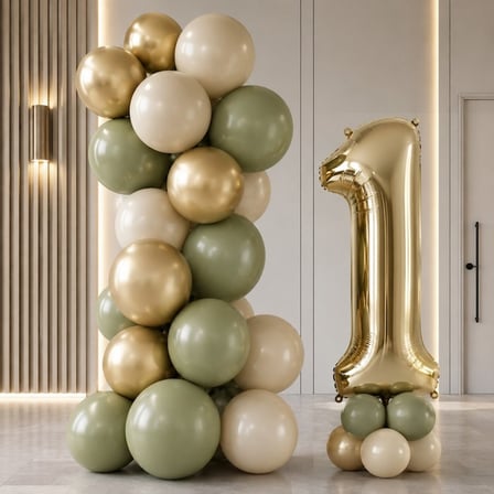 3 Yaş Gold Retro Doğum Günü Seti Küf Yeşili Kum Beji Gold Balonlar Gold Folyo Rakam Parti Süsleme