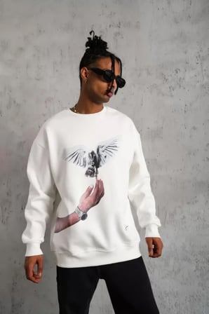 Beyaz Erkek Sweatshirt Güvercin Baskılı
