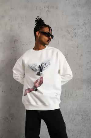 Beyaz Erkek Sweatshirt Güvercin Baskılı