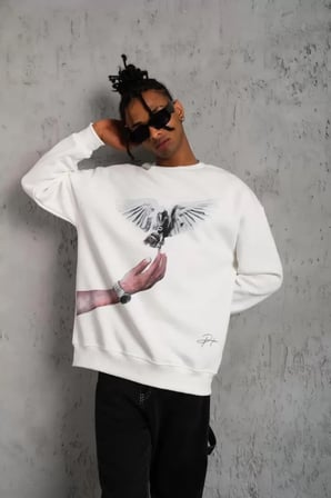 Beyaz Erkek Sweatshirt Güvercin Baskılı