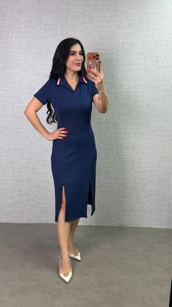 Modal Kumaş Midi Boy Kadın Elbise Polo Yaka Çift Yırtmaç Detay