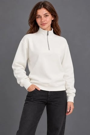 Üç İplik İçi Şardonlu Dik Yaka Yarım Fermuarlı Beyaz Kışlık Sweatshirt