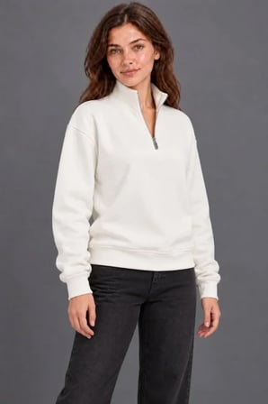 Üç İplik İçi Şardonlu Dik Yaka Yarım Fermuarlı Beyaz Kışlık Sweatshirt