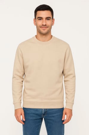 Erkek Bej Renk Üç İplik Düz Bisiklet Yaka Sweatshirt