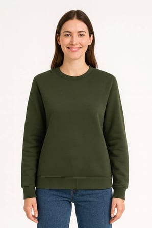 Üç İplik Düz Bisiklet Yaka SweatShirt - Haki