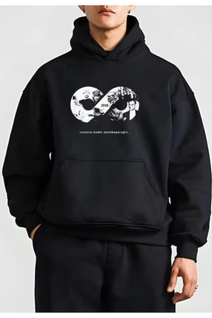 Üç İplik Kapşonlu Baskılı Sweatshirt - Siyah