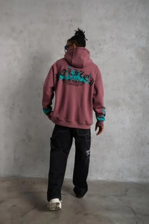 Erkek Kapüşonlu Sweatshirt Üç İplik İçi Pamuklu Alev Baskılı Gül Kurusu