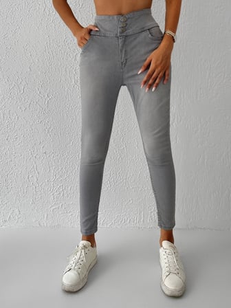 Yüksel Bel Likralı Gri Kot Pantolon Uzun Bacak Düz Kalıp