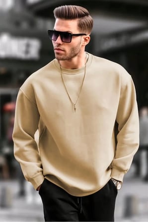 Erkek Bej Düz Bisiklet Yaka Sweat