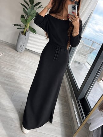 Kadın Uzun Viskon Elbise Modanna Yakalı Belden Bağcıklı Yırtmaçlı
