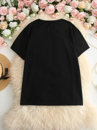 Baskılı Oversize Bisiklet Yaka T-shirt - Siyah
