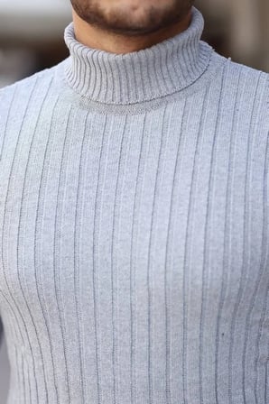 Erkek Gri Balıkçı Yaka Tam Boğazlı Kalın Fitilli Regular Fit Triko Kazak