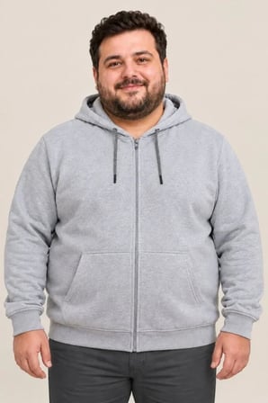 Erkek Battal Büyük Beden Üç İplik İçi Şardonlu Kapüşonlu Tam Fermuarlı Kışlık Sweatshirt - Gri