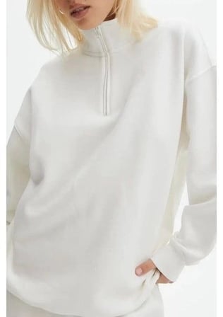 Basic Sweatshirt Beyaz Unisex Uzun Kol Yarım Yakalı