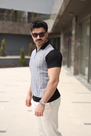 Çizgili Fermuar Detaylı Polo Yaka Erkek Tişört