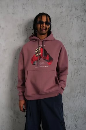 Erkek Eldiven Baskılı Kapüşonlu Sweat - Gül Kurusu