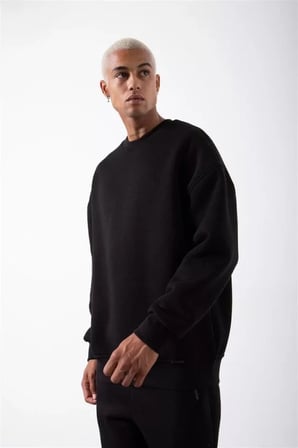 Siyah Unisex Üç İplik Sweatshirt - Biskilet Yaka, S Beden