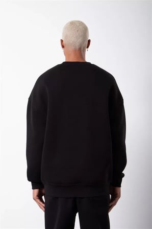 Siyah Unisex Üç İplik Sweatshirt - Biskilet Yaka, S Beden
