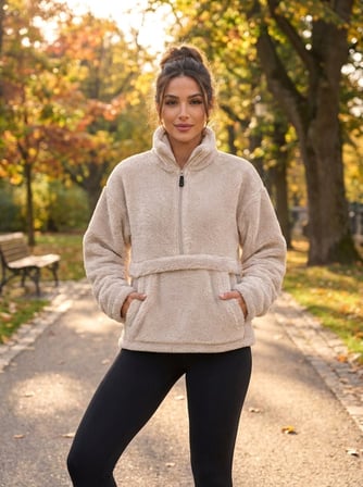Kadın Peluş Wellsoft Sweatshirt Yarım Fermuarlı Kanguru Cepli