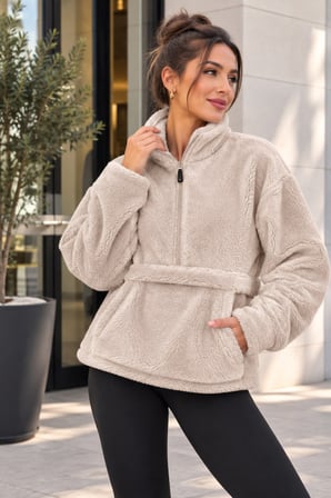 Kadın Peluş Wellsoft Sweatshirt Yarım Fermuarlı Kanguru Cepli