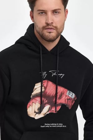 Unisex Kapüşonlu Oversize Baskılı Üç İplik Sweatshirt Siyah
