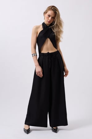Düşük Bel Oversize Keten Pantolon Siyah 38 Beden