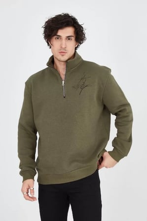 Erkek Yeşil Yarım Fermuarlı Baskılı Sweat