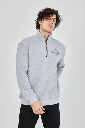 Erkek Gri Yarım Fermuarlı Baskılı Sweat - XL Beden