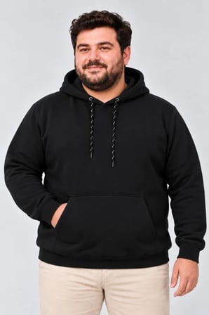 Erkek Büyük Beden Üç İplik Şardonlu Kapüşonlu Kanguru Cepli Sweatshirt - Siyah