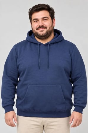 Erkek Büyük Beden Üç İplik Şardonlu Kapüşonlu Kanguru Cepli Sweatshirt Lacivert
