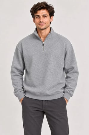 Erkek Üç İplik İçi Şardonlu Dik Yaka Yarım Fermuarlı Kışlık Sweatshirt - Grİ