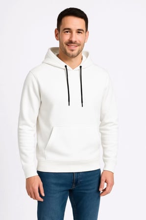 Beyaz Erkek Kapüşonlu Kanguru Cepli Üç İplik Sweatshirt