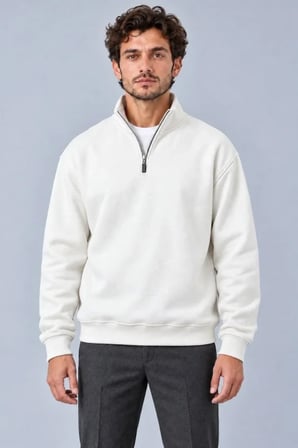 Erkek Beyaz Dik Yaka Yarım Fermuarlı Şardonlu Kışlık Sweatshirt