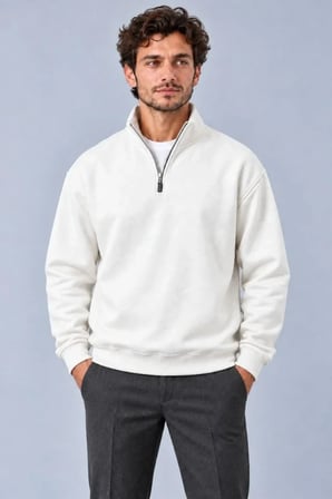 Erkek Beyaz Dik Yaka Yarım Fermuarlı Şardonlu Kışlık Sweatshirt
