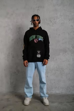 Erkek Siyah Baskılı Kapüşonlu Sweatshirt