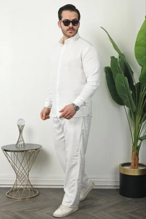 Erkek Uzun Kollu Beyaz Keten Gömlek Pantolon Alt Üst Takım XL
