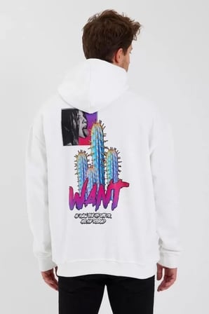Erkek Beyaz Baskılı Oversize Kapüşonlu Sweatshirt