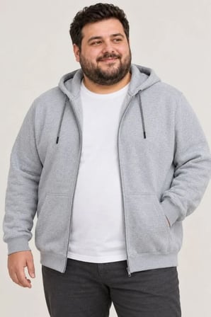 Erkek Battal Büyük Beden Üç İplik İçi Şardonlu Kapüşonlu Tam Fermuarlı Kışlık Sweatshirt - Gri