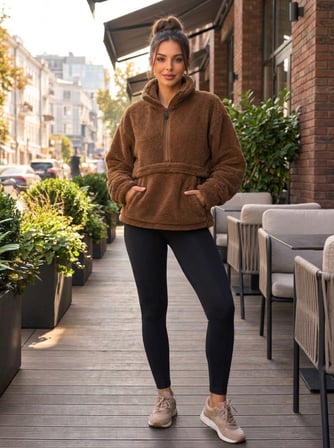Kadın Peluş Wellsoft Sweatshirt Yarım Fermuarlı Kanguru Cepli