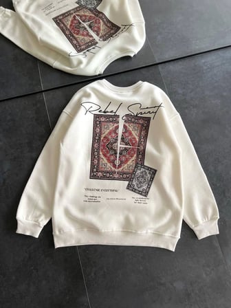 Beyaz Bisiklet Yaka Baskılı Sweatshirt XL