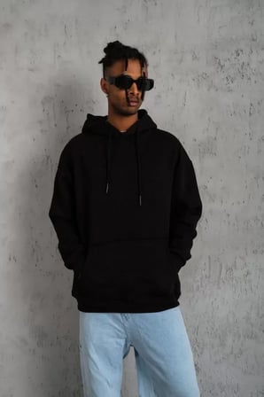 Erkek Siyah Düz Kapüşonlu Sweat