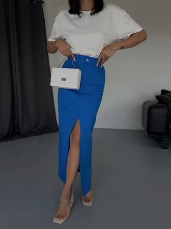Gabardin Uzun Etek Önden Yırtmaçlı Saks Renkli