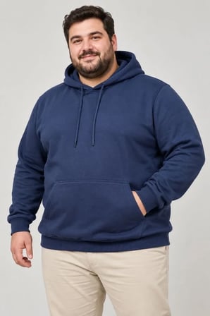 Erkek Büyük Beden Üç İplik Şardonlu Kapüşonlu Kanguru Cepli Sweatshirt Lacivert