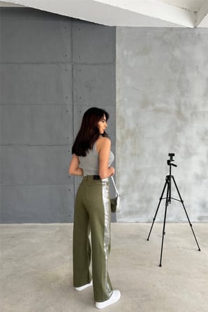 Gabardin Palazzo Pantolon Haki Renkli