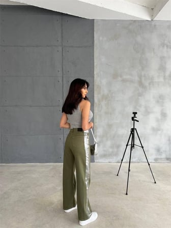 Gabardin Palazzo Pantolon Haki Renkli
