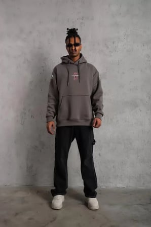 Erkek Gri Kapüşonlu Sweat - Maske Baskılı