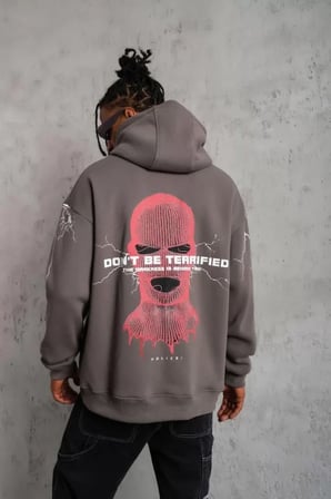 Erkek Gri Kapüşonlu Sweat - Maske Baskılı